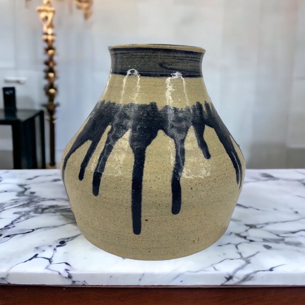 Art Pottery Heavy Stoneware Vase Beige Green Drip Glazed